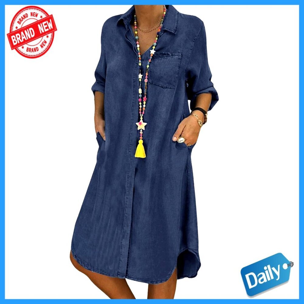 Long Sleeve Denim Button Up Shirt Dress Midi Casual Oversized Boho